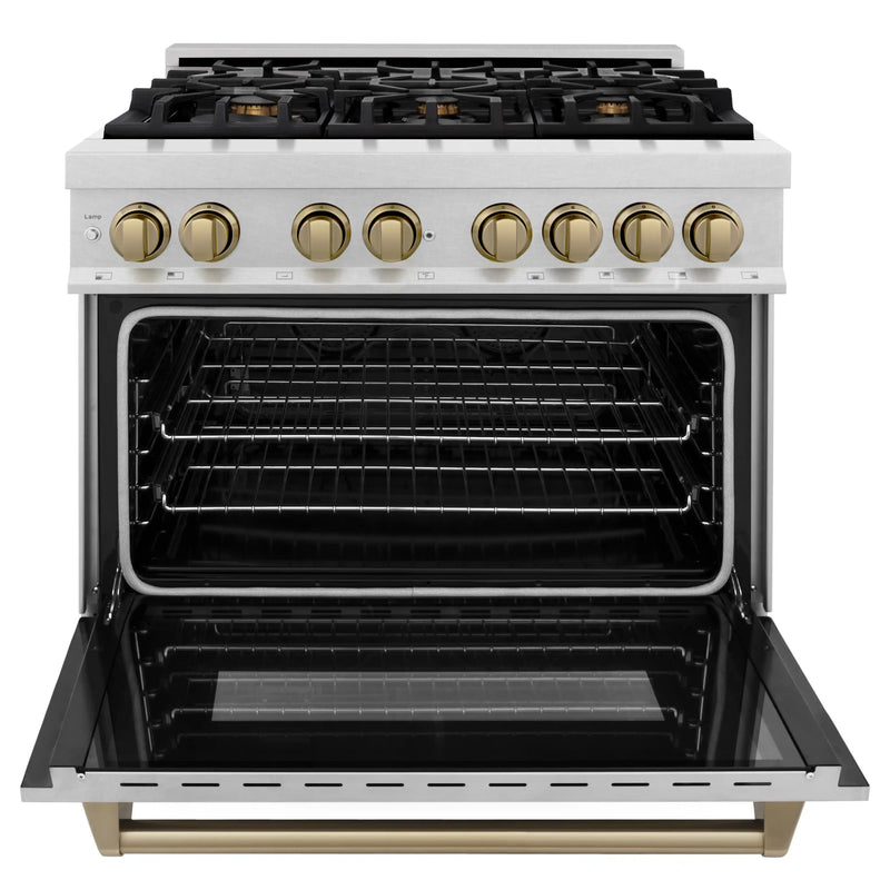 ZLINE Autograph Edition 36-Inch 4.6 cu. ft. Dual Fuel Range with Gas Stove and Electric Oven in DuraSnow Stainless Steel with Champagne Bronze Accents (RASZ-SN-36-CB)