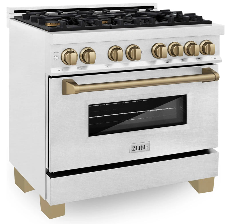 ZLINE Autograph Edition 36-Inch 4.6 cu. ft. Dual Fuel Range with Gas Stove and Electric Oven in DuraSnow Stainless Steel with Champagne Bronze Accents (RASZ-SN-36-CB)