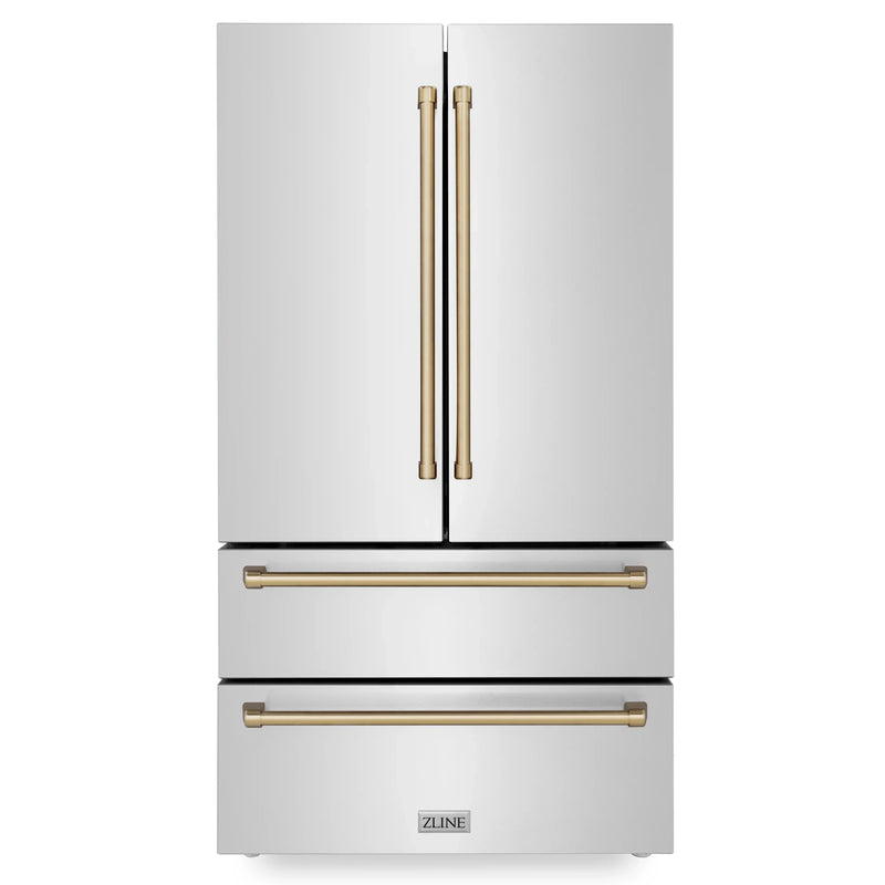 ZLINE Autograph Edition 4-Piece Appliance Package - 36-Inch Gas Range, Refrigerator, Wall Mounted Range Hood, & 24-Inch Tall Tub Dishwasher in Stainless Steel with Champagne Bronze Trim (4KAPR-RGRHDWM36-CB)1