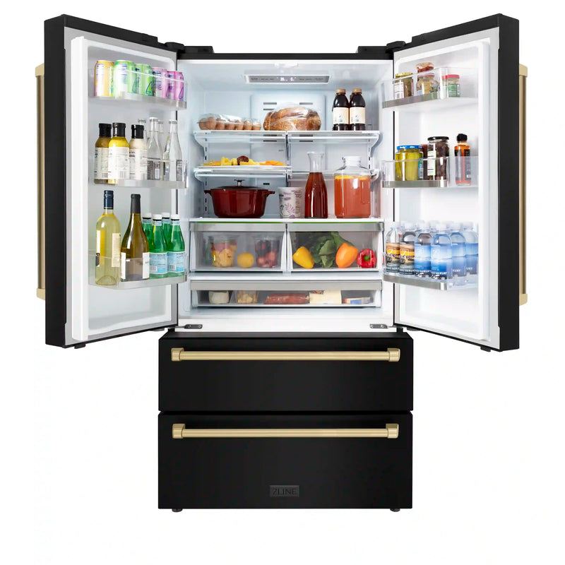 ZLINE Autograph Edition 36-Inch 22.5 cu. ft Freestanding French Door Refrigerator with Ice Maker in Black Stainless Steel with Champagne Bronze Trim (RFMZ-36-BS-CB)