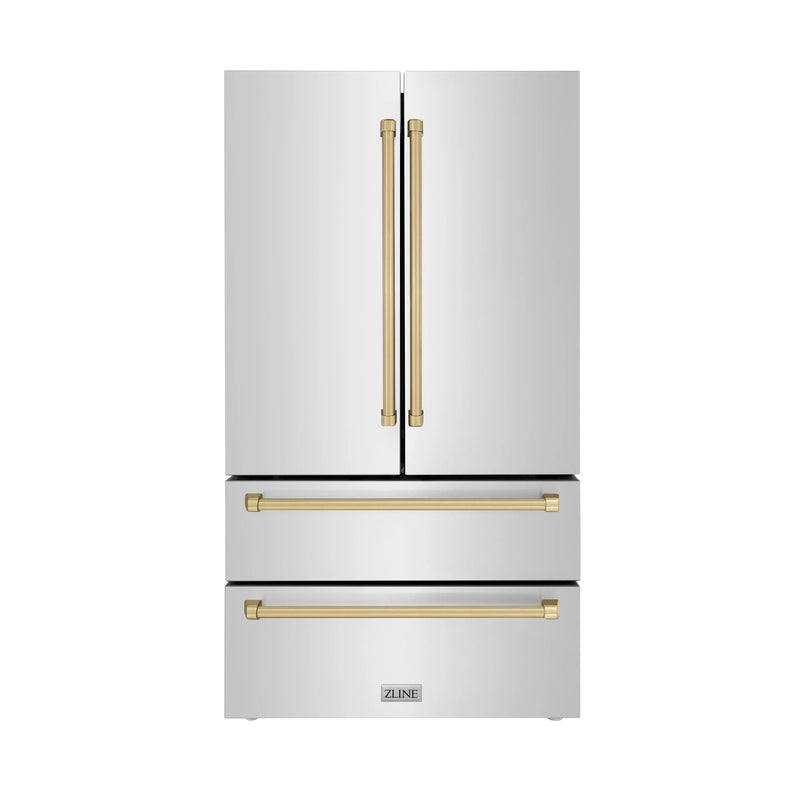 ZLINE Autograph Edition 36-Inch 22.5 cu. ft Freestanding French Door Refrigerator with Ice Maker in Stainless Steel with Champagne Bronze Trim (RFMZ-36-CB)