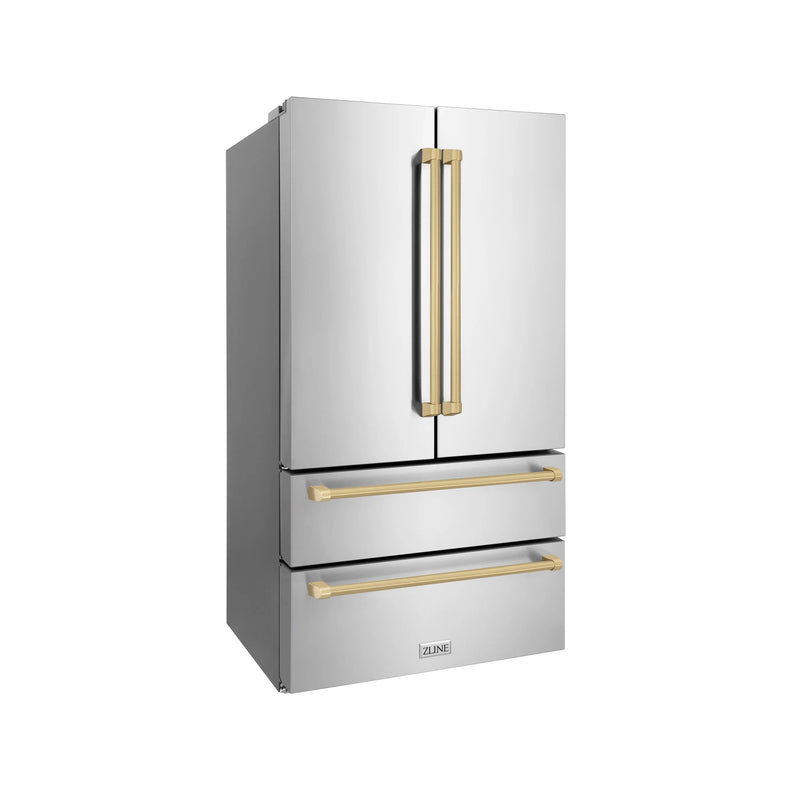 ZLINE Autograph Edition 36-Inch 22.5 cu. ft Freestanding French Door Refrigerator with Ice Maker in Stainless Steel with Champagne Bronze Trim (RFMZ-36-CB)