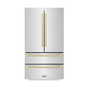 ZLINE 36-Inch Autograph Edition 22.5 cu. ft 4-Door French Door Refrigerator with Ice Maker in Stainless Steel with Champagne Bronze Square Handles RFMZ-36-FCB