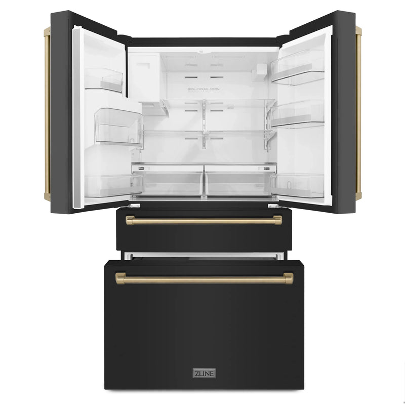 ZLINE Autograph Edition 4-Piece Appliance Package - 36-Inch Gas Range, Refrigerator with Water Dispenser, Wall Mounted Range Hood, & 24-Inch Tall Tub Dishwasher in Black Stainless Steel with Champagne Bronze Trim (4KAPR-RGBRHDWV36-CB)