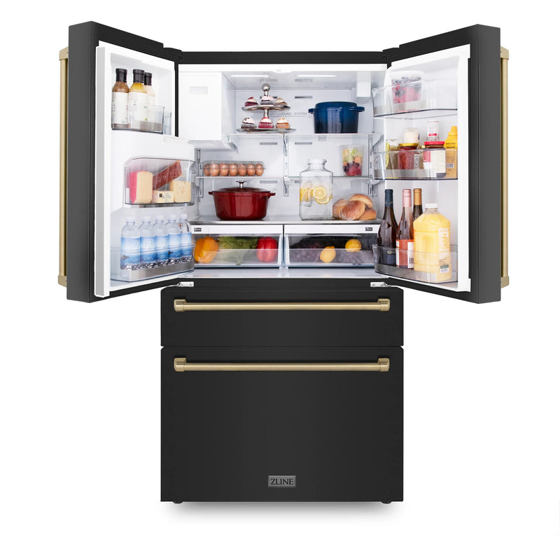ZLINE Autograph Edition 4-Piece Appliance Package - 30-Inch Dual Fuel Range, Refrigerator with Water Dispenser, Wall Mounted Range Hood, & 24-Inch Tall Tub Dishwasher in Black Stainless Steel with Champagne Bronze Trim (4KAPR-RABRHDWV30-CB)