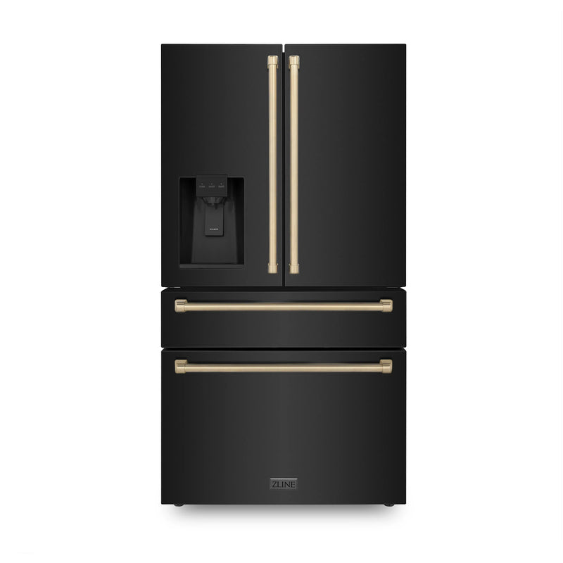 ZLINE Autograph Edition 4-Piece Appliance Package - 36-Inch Gas Range, Refrigerator with Water Dispenser, Wall Mounted Range Hood, & 24-Inch Tall Tub Dishwasher in Black Stainless Steel with Champagne Bronze Trim (4KAPR-RGBRHDWV36-CB)