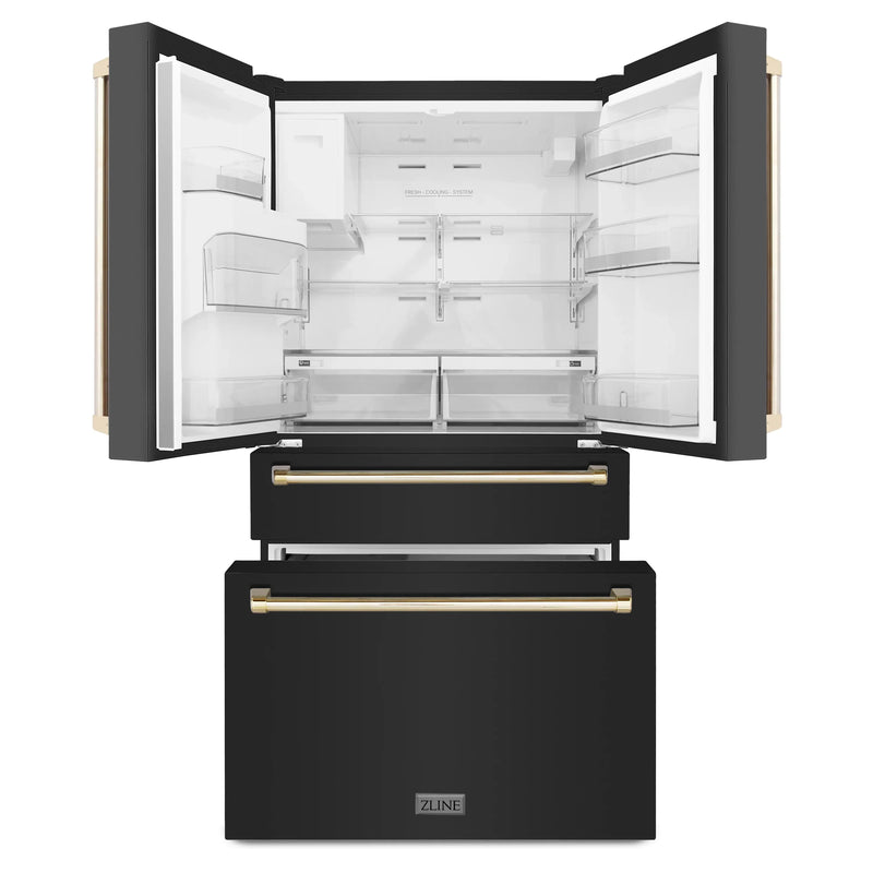 ZLINE Autograph Edition 4-Piece Appliance Package - 36-Inch Gas Range, Refrigerator with Water Dispenser, Wall Mounted Range Hood, & 24-Inch Tall Tub Dishwasher in Black Stainless Steel with Gold Trim (4KAPR-RGBRHDWV36-G)