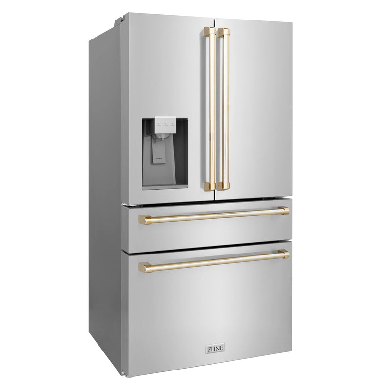 ZLINE Autograph Edition 4-Piece Appliance Package - 48-Inch Dual Fuel Range, Refrigerator with Water Dispenser, Wall Mounted Range Hood, & 24-Inch Tall Tub Dishwasher in Stainless Steel with Champagne Bronze Trim (4AKPR-RARHDWM48-CB)