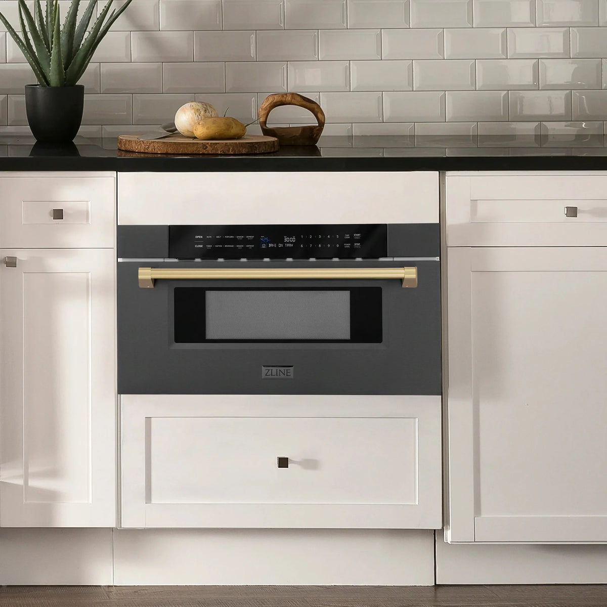 ZLINE Autograph Edition 30" 1.2 cu. ft. Built-in Microwave Drawer in Black Stainless Steel with Accents MWDZ-30-BS