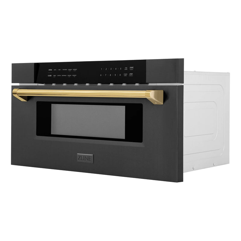 ZLINE Autograph Edition 30-Inch 1.2 cu. ft. Built-In Microwave Drawer in Black Stainless Steel with Accents with Gold Trim (MWDZ-30-BS-G)