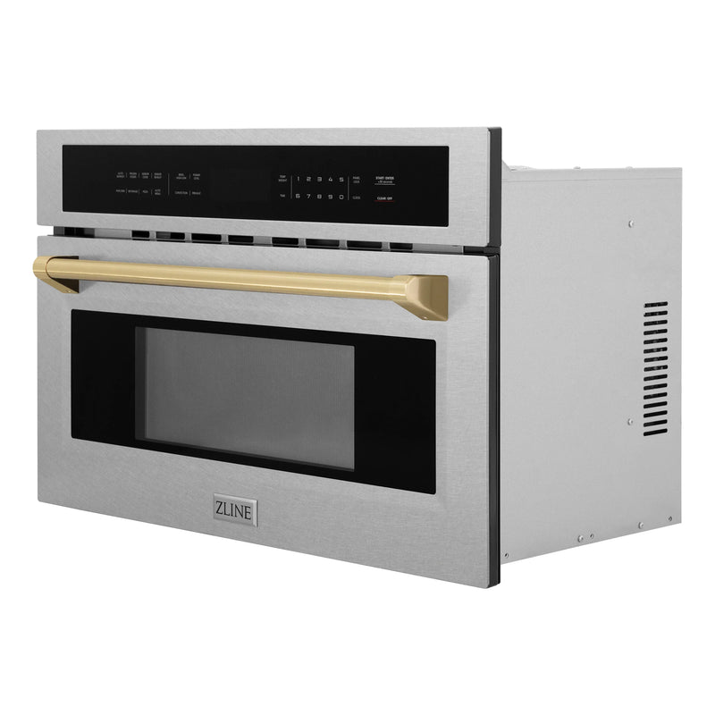 ZLINE Autograph Edition 2-Piece Appliance Package - 30-Inch Single Wall Oven with Self-Clean and 30-inch Built-In Microwave Oven in DuraSnow Stainless Steel with Champagne Bronze Trim