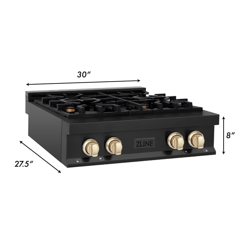 ZLINE Autograph Edition 30-Inch Porcelain Rangetop with 4 Gas Burners in Black Stainless Steel and Gold Accents (RTBZ-30-G)