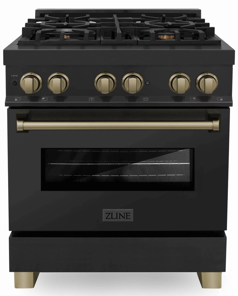 ZLINE Autograph Edition 30-Inch 4.0 cu. ft. Dual Fuel Range with Gas Stove and Electric Oven in Black Stainless Steel with Champagne Bronze Accents (RABZ-30-CB)