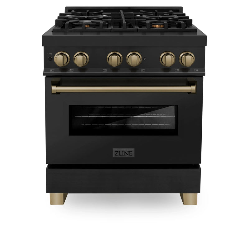 ZLINE Autograph Edition 3-Piece Appliance Package - 30-Inch Dual Fuel Range, Wall Mounted Range Hood, & 24-Inch Tall Tub Dishwasher in Black Stainless Steel with Champagne Bronze Trim (3AKP-RABRHDWV30-CB)