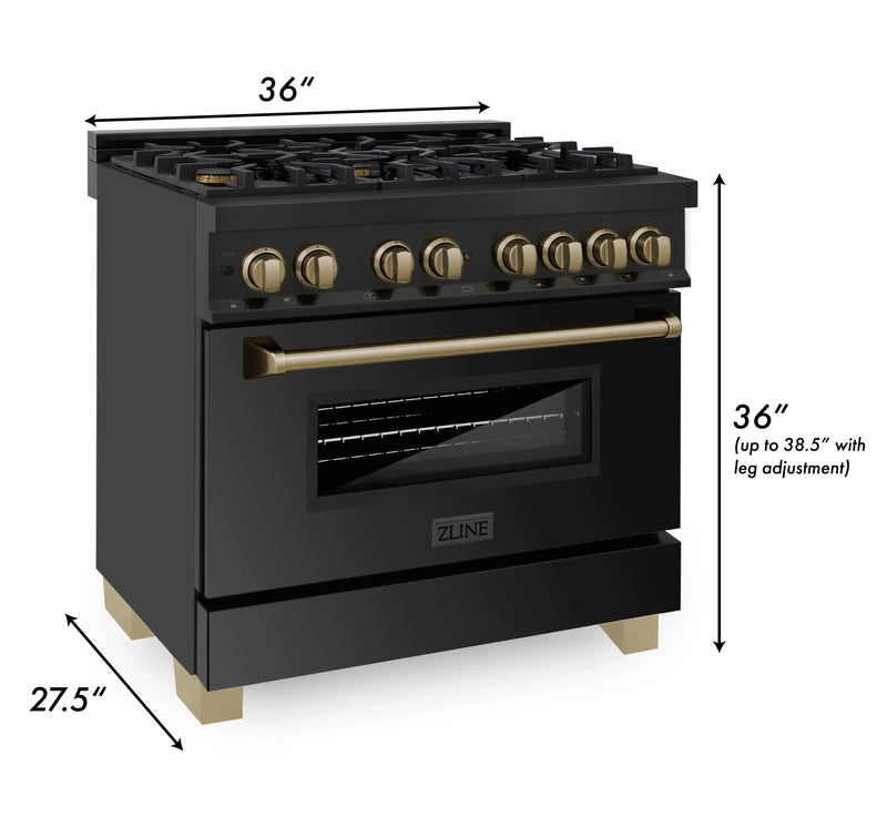 ZLINE Autograph Edition 36-Inch 4.6 cu. ft. Dual Fuel Range with Gas Stove and Electric Oven in Black Stainless Steel with Champagne Bronze Accents (RABZ-36-CB)