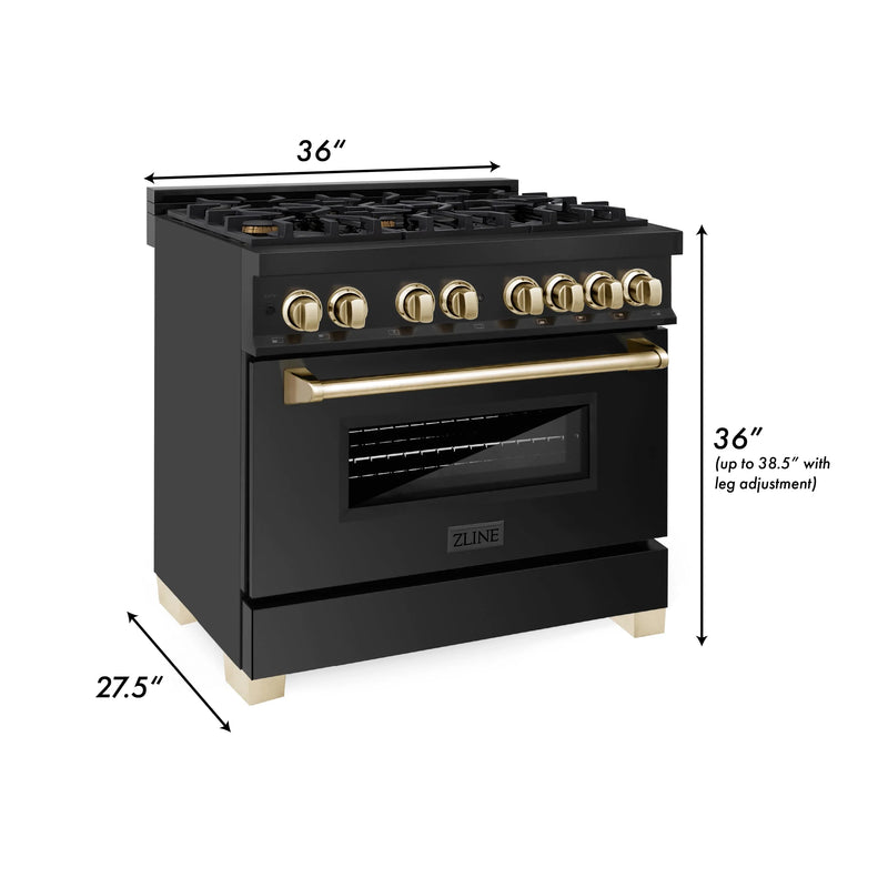 ZLINE Autograph Edition 2-Piece Appliance Package - 36-Inch Dual Fuel Range & Wall Mounted Range Hood in Black Stainless Steel with Gold Trim (2AKP-RABRH36-G)