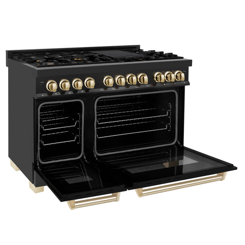 ZLINE Autograph Edition 48-Inch 6.0 cu. ft. Dual Fuel Range with Gas Stove and Electric Oven in Black Stainless Steel with Gold Accents (RABZ-48-G)