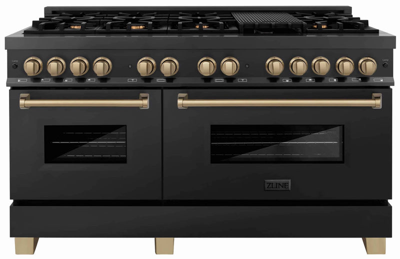 ZLINE Autograph Edition 60-Inch Dual Fuel Range with Gas Stove and Electric Oven in Black Stainless Steel with Champagne Bronze Accents (RABZ-60-CB)