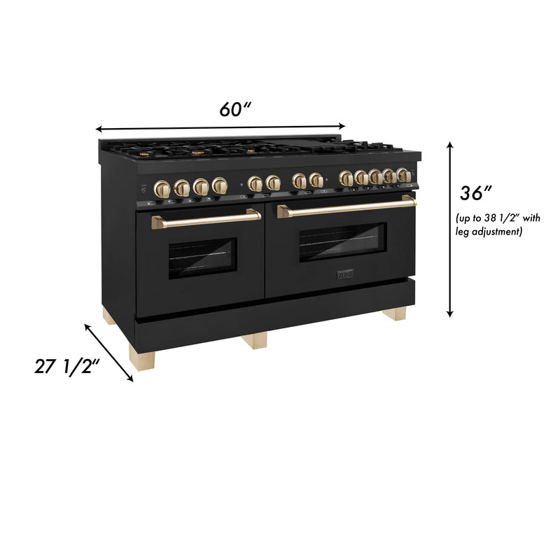 ZLINE Autograph Edition 60-Inch 7.4 cu. ft. Dual Fuel Range with Gas Stove and Electric Oven in Black Stainless Steel with Gold Accents (RABZ-60-G)