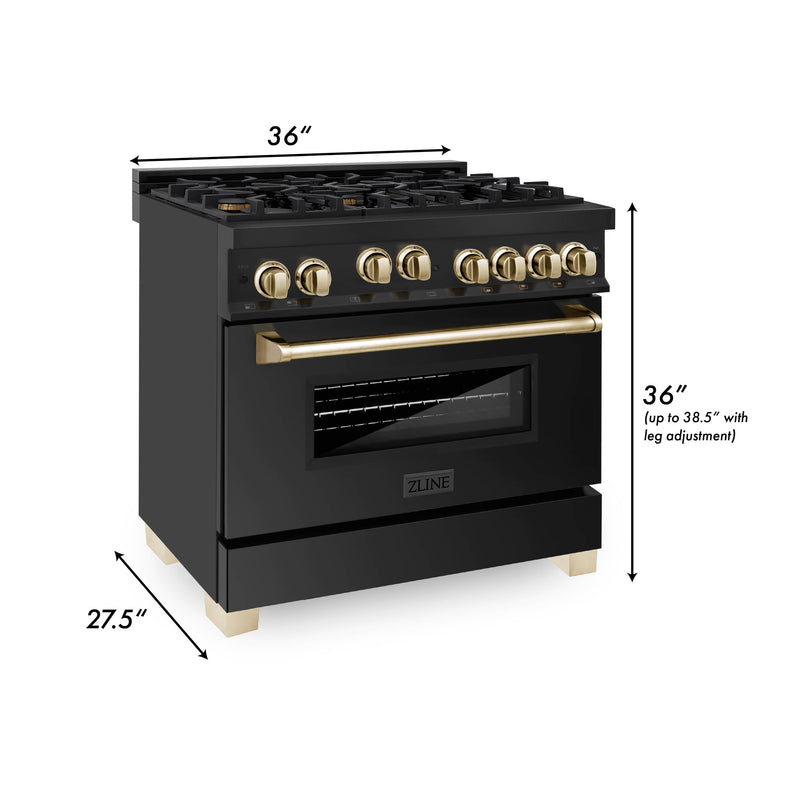 ZLINE Autograph Edition 36-Inch 4.6 cu. ft. Range with Gas Stove and Gas Oven in Black Stainless Steel with Gold Accents (RGBZ-36-G)