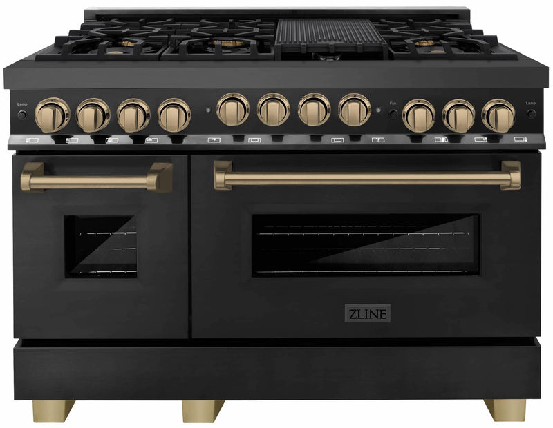 ZLINE Autograph Edition 48-Inch 6.0 cu. ft. Range with Gas Stove and Gas Oven in Black Stainless Steel with Champagne Bronze Accents (RGBZ-48-CB)