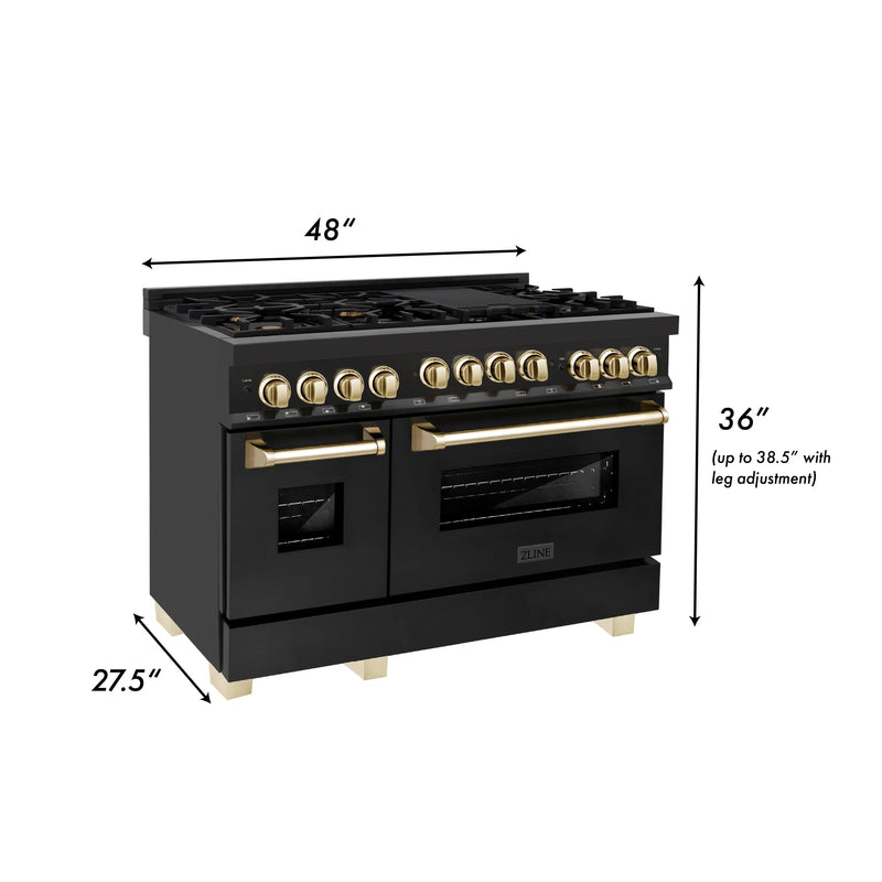 ZLINE Autograph Edition 4-Piece Appliance Package - 48-Inch Gas Range, Refrigerator, Wall Mounted Range Hood, & 24-Inch Tall Tub Dishwasher in Black Stainless Steel with Gold Trim (4AKPR-RGBRHDWV48-G)