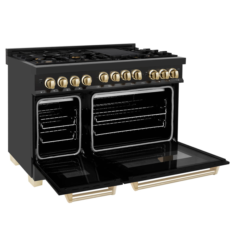 ZLINE Autograph Edition 48-Inch 6.0 cu. ft. Range with Gas Stove and Gas Oven in Black Stainless Steel with Gold Accents (RGBZ-48-G)