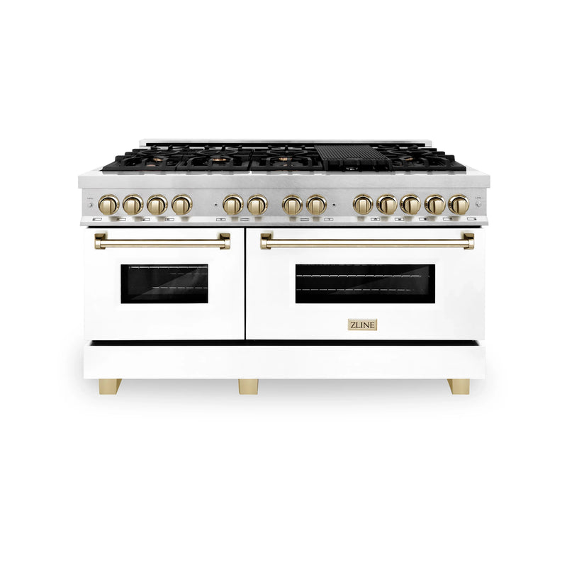 ZLINE Autograph Edition 60-Inch 7.4 cu. ft. Dual Fuel Range with Gas Stove and Electric Oven in DuraSnow Stainless Steel with White Matte Door and Gold Accents (RASZ-WM-60-G)