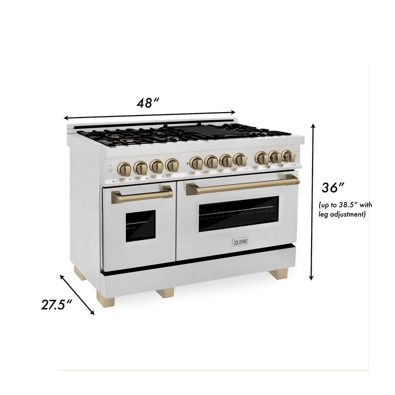 ZLINE Autograph Edition 48-Inch Dual Fuel Range with Gas Stove and Electric Oven in DuraSnow® Stainless Steel with Champagne Bronze Accents (RASZ-SN-48-CB)
