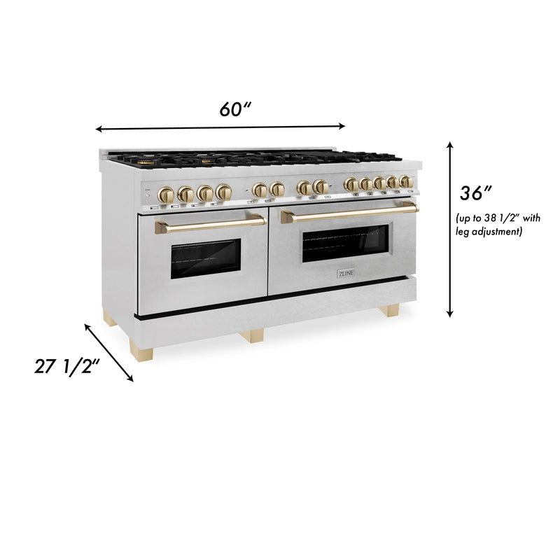 ZLINE Autograph Edition 60-Inch 7.4 cu. ft. Dual Fuel Range with Gas Stove and Electric Oven in DuraSnow Stainless Steel with Gold Accents (RASZ-SN-60-G)