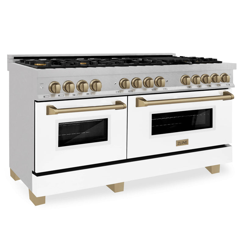 ZLINE Autograph Edition 60-Inch Dual Fuel Range, Gas Stove and Electric Oven, in DuraSnow® Stainless Steel, White Door, Bronze Accents (RASZ-WM-60-CB)