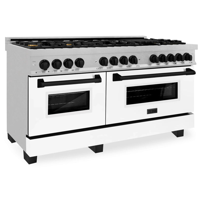 ZLINE Autograph Edition 60-Inch 7.4 cu. ft. Dual Fuel Range with Gas Stove and Electric Oven in DuraSnow Stainless Steel with White Matte Door and Matte Black Accents (RASZ-WM-60-MB)