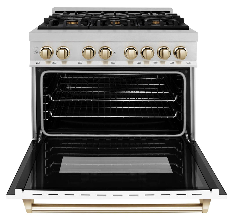 ZLINE Autograph Edition 36-Inch 4.6 cu. ft. Dual Fuel Range with Gas Stove and Electric Oven in DuraSnow® Stainless Steel with White Matte Door and Gold Accents (RASZ-WM-36-G)