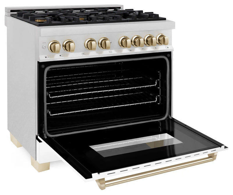 ZLINE Autograph Edition 36-Inch 4.6 cu. ft. Dual Fuel Range with Gas Stove and Electric Oven in DuraSnow® Stainless Steel with White Matte Door and Gold Accents (RASZ-WM-36-G)