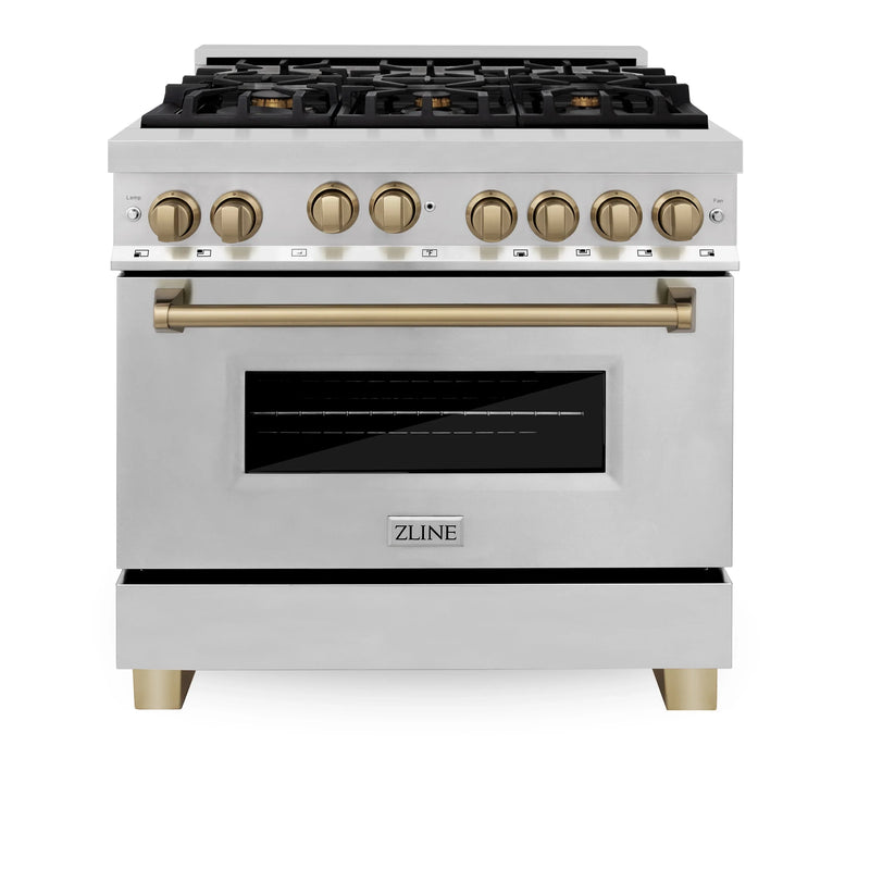 ZLINE Autograph Edition 4-Piece Appliance Package - 36-Inch Gas Range, Refrigerator with Water Dispenser, Wall Mounted Range Hood, and 24-Inch Tall Tub Dishwasher in Stainless Steel with Champagne Bronze Trim (4AKPR-RGRHDWM36-CB)