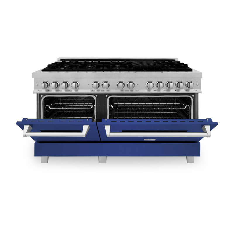 ZLINE 60-Inch 7.4 cu. ft. Dual Fuel Range with Gas Stove and Electric Oven in DuraSnow Stainless Steel and Blue Matte Doors (RAS-BM-60)