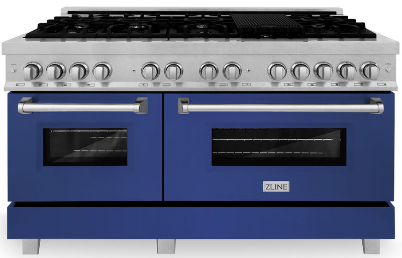 ZLINE 60-Inch 7.4 cu. ft. Dual Fuel Range with Gas Stove and Electric Oven in DuraSnow Stainless Steel and Blue Matte Doors (RAS-BM-60)