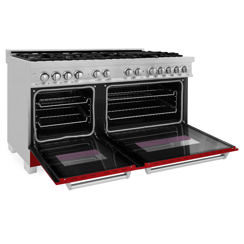 ZLINE 60-Inch 7.4 cu. ft. Dual Fuel Range with Gas Stove and Electric Oven in DuraSnow Stainless Steel and Red Gloss Doors (RAS-RG-60)