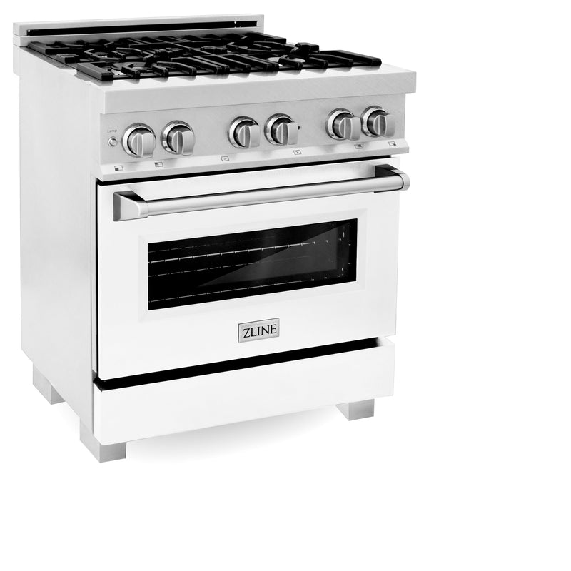 ZLINE 30-Inch Dual Fuel Range with 4.0 cu. ft. Electric Oven and Gas Cooktop and Griddle and White Matte Door in Fingerprint Resistant Stainless (RAS-WM-GR-30)