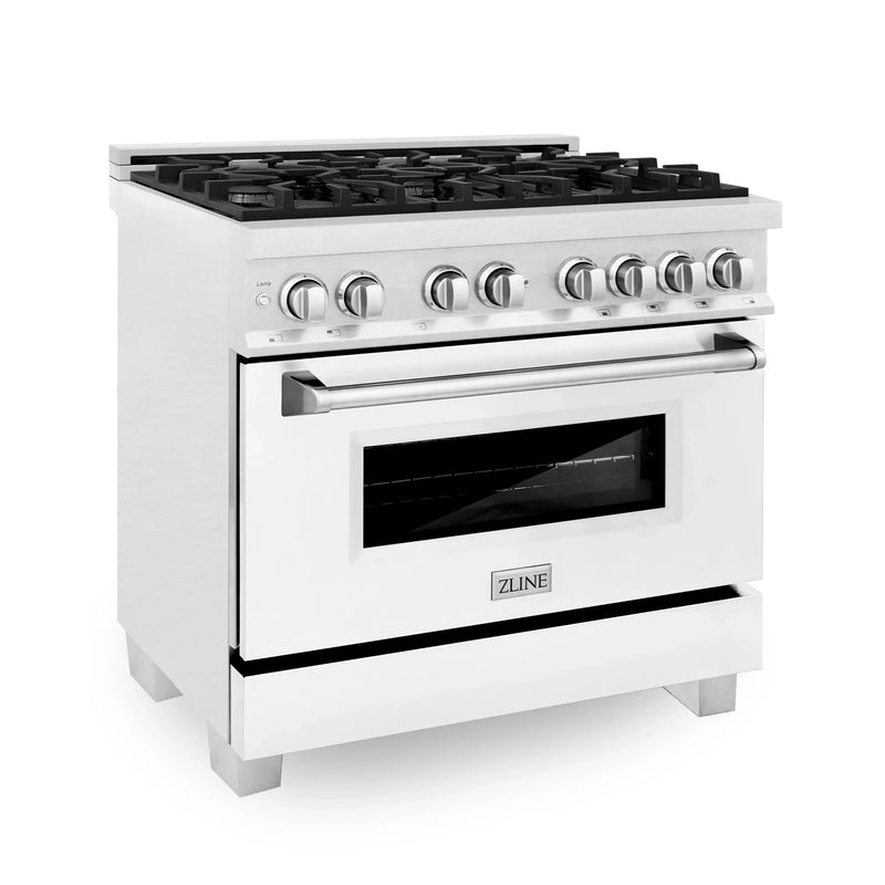ZLINE 36-Inch Dual Fuel Range with 4.6 cu. ft. Electric Oven and Gas Cooktop and Griddle and White Matte Door in Fingerprint Resistant Stainless (RAS-WM-GR-36)