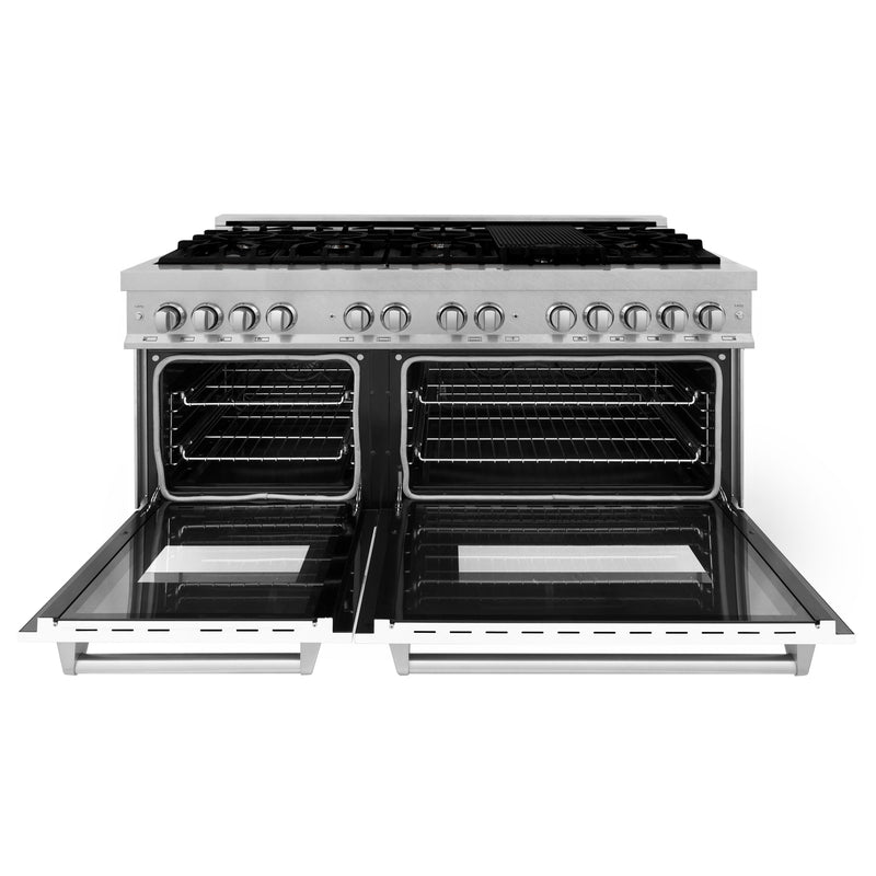 ZLINE 60-Inch Dual Fuel Range with 7.4 cu. ft. Electric Oven and Gas Cooktop and Griddle and White Matte Door in Fingerprint Resistant Stainless (RAS-WM-GR-60)
