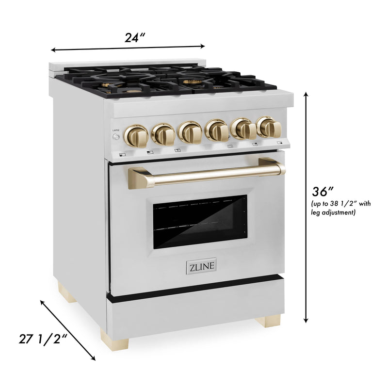 ZLINE Autograph Edition 24-Inch 2.8 cu. ft. Dual Fuel Range with Gas Stove and Electric Oven in Stainless Steel with Gold Accents (RAZ-24-G)