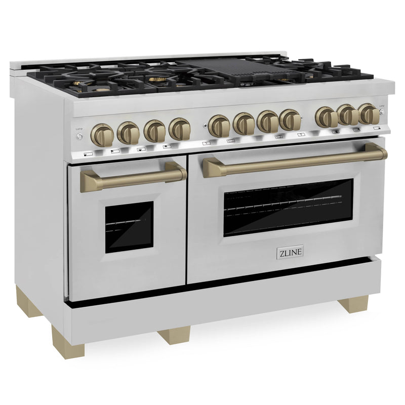 ZLINE Autograph Edition 48-Inch Dual Fuel Range with Gas Stove and Electric Oven in Stainless Steel with Champagne Bronze Accents (RAZ-48-CB)