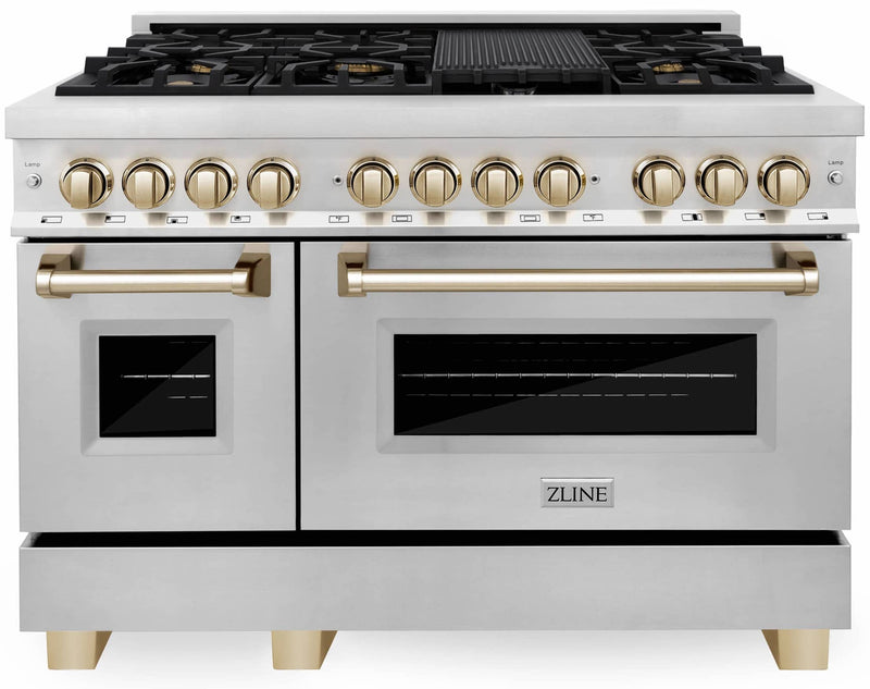 ZLINE Autograph Edition 48-Inch Dual Fuel Range With Gas Stove And Electric Oven In Stainless Steel With Gold Accents (RAZ-48-G)