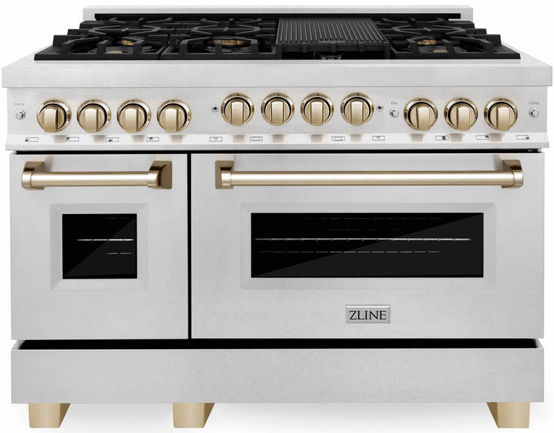 ZLINE Autograph Edition 48-Inch 6.0 cu. ft. Range with Gas Stove and Gas Oven in DuraSnow® Stainless Steel with Gold Accents (RGSZ-SN-48-G)