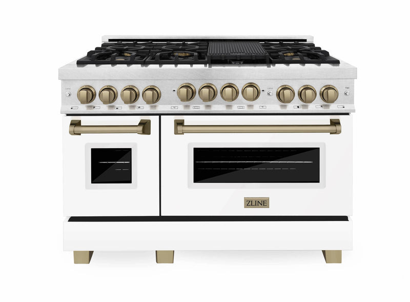 ZLINE 48-Inch Autograph Edition Kitchen Package with DuraSnow Stainless Steel Gas Range, Wall Mount Range Hood and Dishwasher in White Matte and Champagne Bronze Accents (3AKPR-RGSWMRHDWM48-CB)