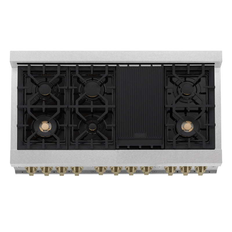 ZLINE Autograph Edition 2-Piece Appliance Package - 48-Inch Gas Range & Wall Mounted Range Hood in DuraSnow® Stainless Steel with White Matte Door and Champagne Bronze Trim (2AKPR-RGSWMRH48-CB)