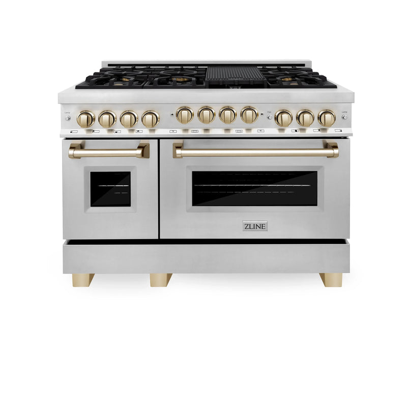 ZLINE Autograph Edition 3-Piece Appliance Package - 48-Inch Gas Range, Wall Mounted Range Hood, & 24-Inch Tall Tub Dishwasher in Stainless Steel with Gold Trim (3AKPR-RGRH48-G)