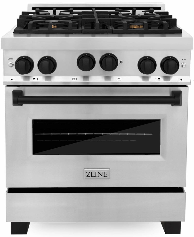 ZLINE Autograph Edition 4-Piece Appliance Package - 30-Inch Gas Range, Refrigerator with Water Dispenser, Wall Mounted Range Hood, & 24-Inch Tall Tub Dishwasher in Stainless Steel with Matte Black Trim (4AKPR-RGRHDWM30-MB)
