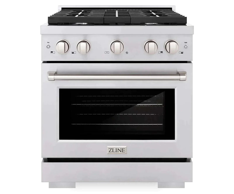 ZLINE 4-Piece Appliance Package - 30-Inch Gas Range, Refrigerator, Convertible Wall Mount Hood, and Microwave Oven in Stainless Steel (4KPR-RGRH30-MO)